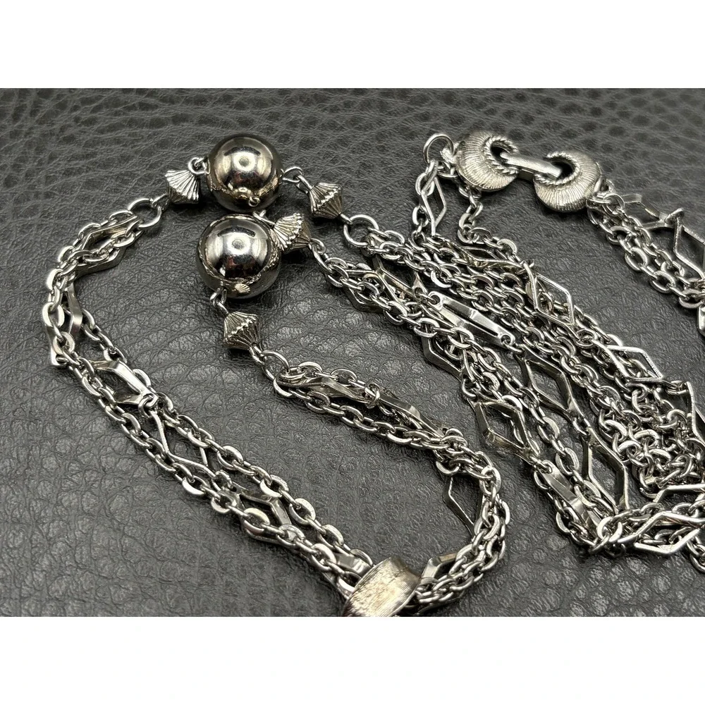 Vintage Silver Tone Tassel Fringe Pendant Necklace Multi Strand Beaded Chain 22